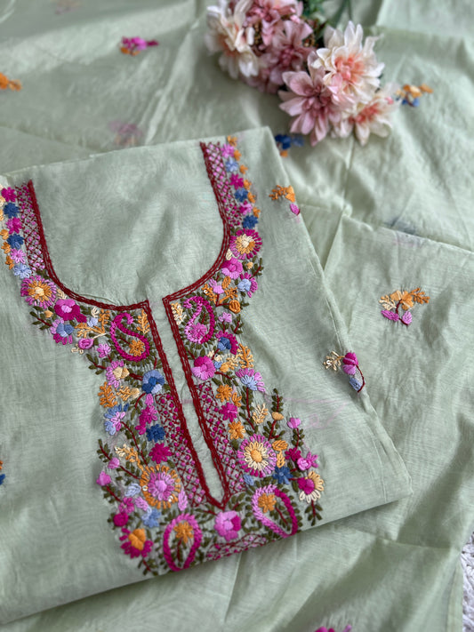 Mint Chanderi Silk Floral Embroidery Set