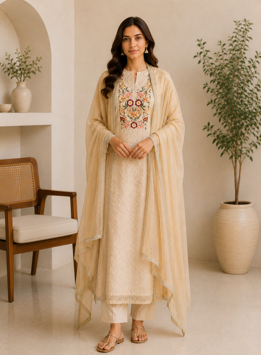 Ivory Chic Hakoba Embroidered Suit