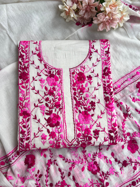 Ivory & Fuchsia Pure Cotton Hand-Embroidered Unstitched Dress
