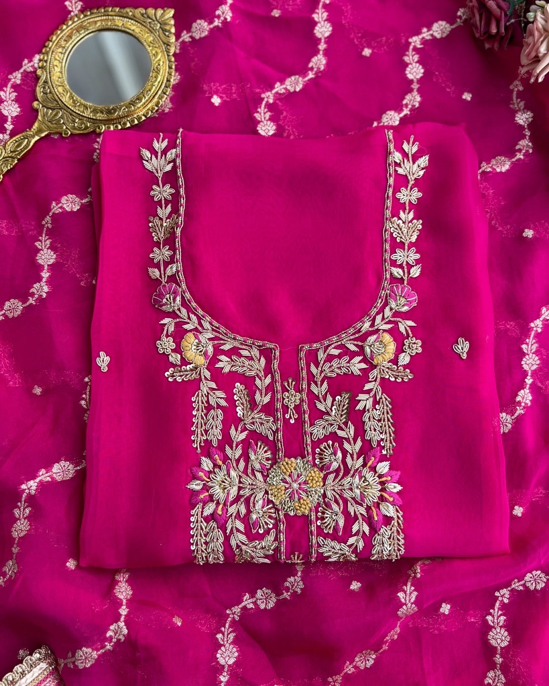 Fuchsia Russian Crepe Suit with Intricate Hand Embroidery & Georgette Banarasi Dupatta