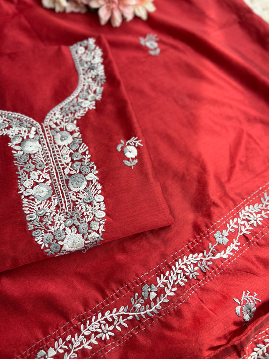 Ruby Red Floral Hand Embroidery Suit