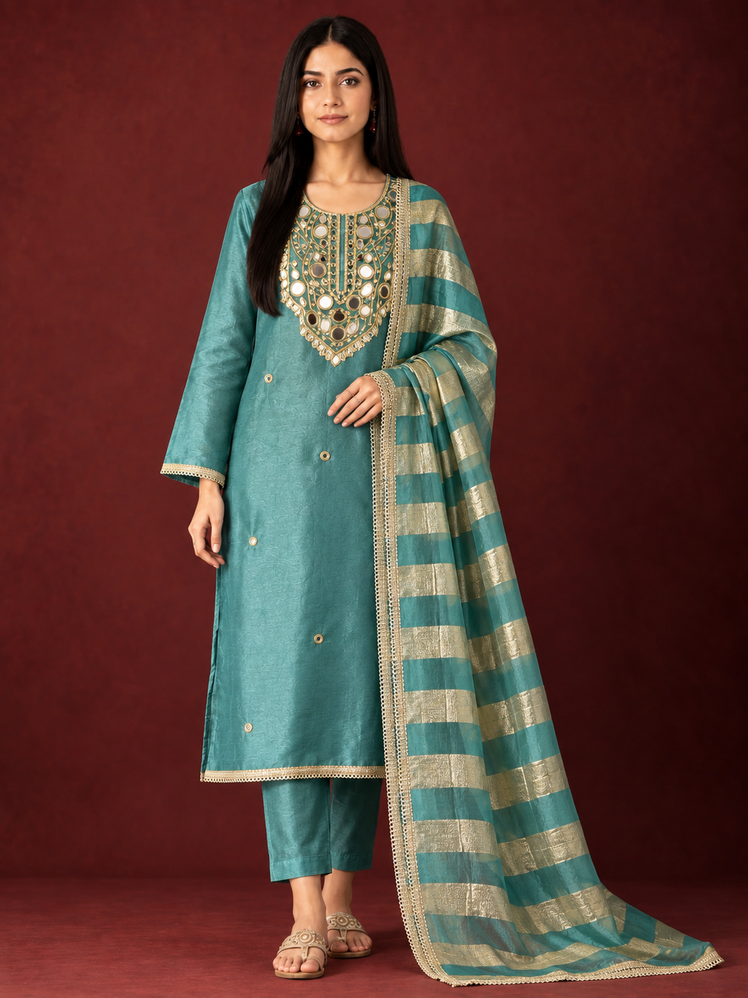 Crushed Shimmer Silk Mirror Work Suit Set