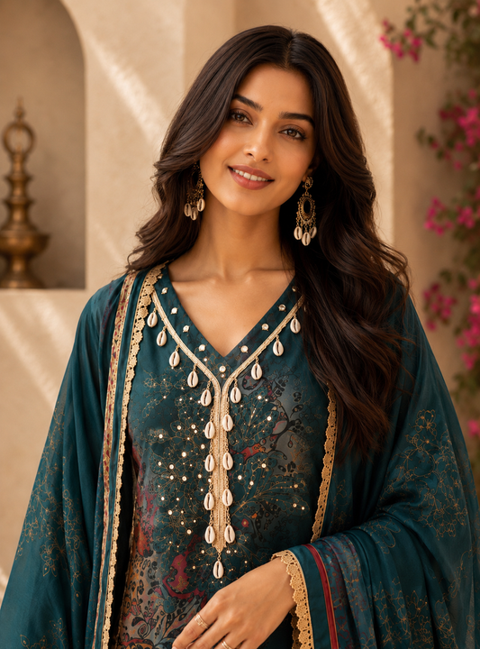 Stylish Printed Maslin Salwar Suit with Sea Shell Detailing