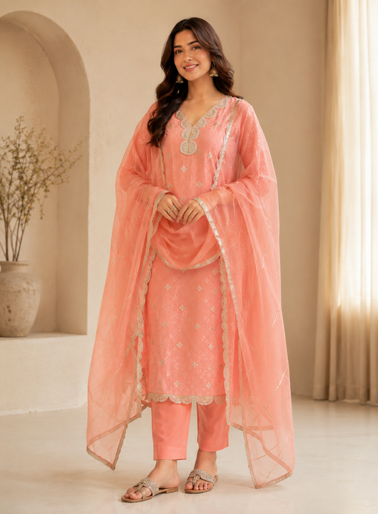 Shimmering Silk Top with Exquisite Lace & Gota Detailing