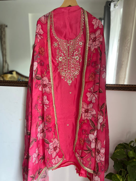 Radiant Pink Silk Elegance with Handcrafted Embroidery
