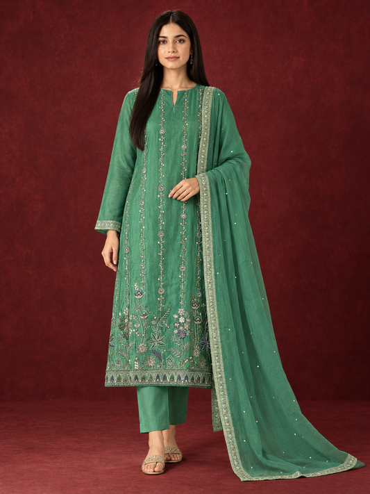 Floral Embroidered Shimmer Silk Suit Set