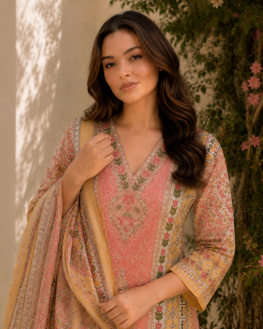 Peach & Yellow Printed Maslin Suit with Mirror Work