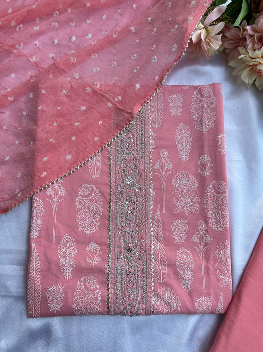 Soft Blush Pink Cotton Suit with Elegant Handwork