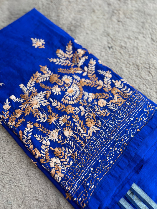 Blue Hand-Embroidered Chanderi Silk