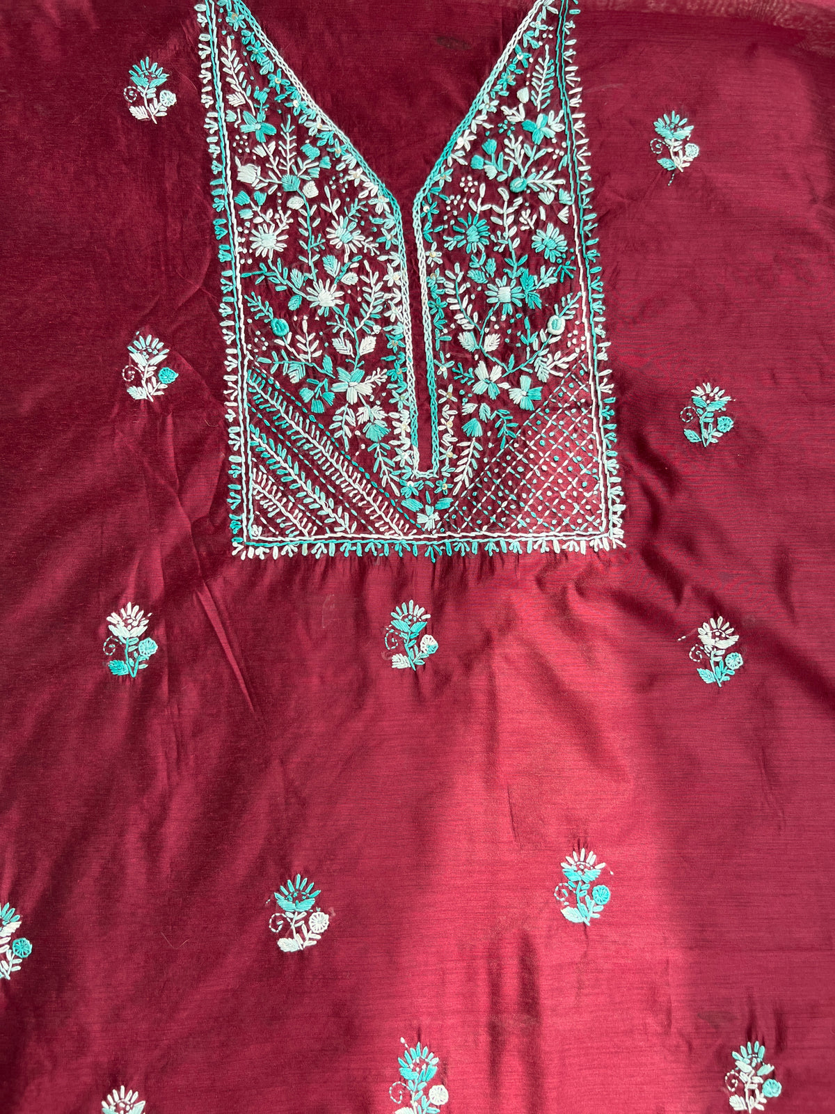 Wine Hand-Embroidered Chanderi Silk