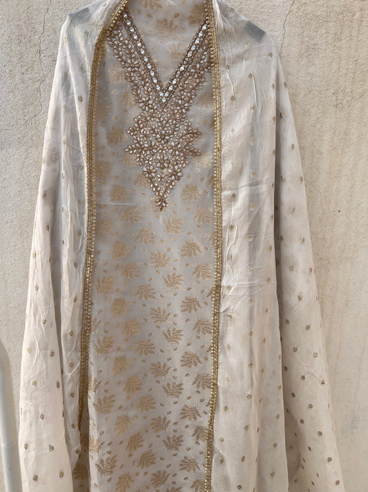 Milk Moon Shimmer Jacquard Banarasi Silk Suit with Chiffon Boota Dupatta