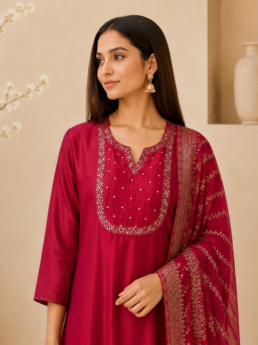 Shimmer Crepe Suit with Handcrafted Neck & Elegant Tissue Dupatta”