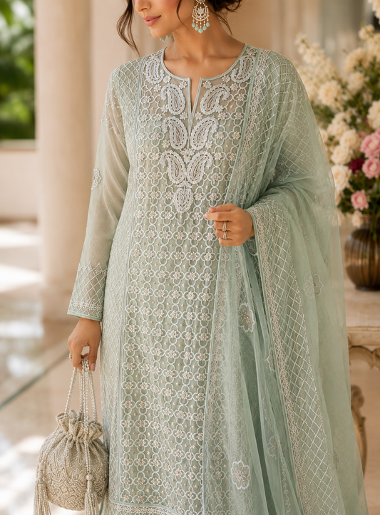 Sage Serenity â Pearl Embroidered Luckhnowi Suit