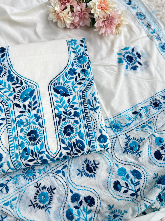 Ivory & Midnight Blue Hand Embroidered Cotton Suit Set