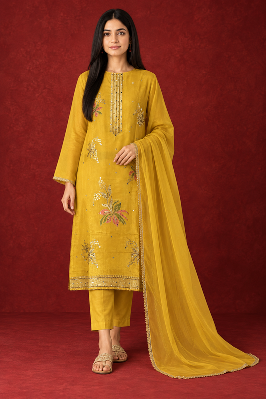 Exquisite Shimmer Jacquard Banarasi Floral Embroidered Suit Set