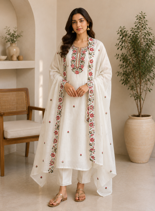 Floral Embroidered Linen Suit