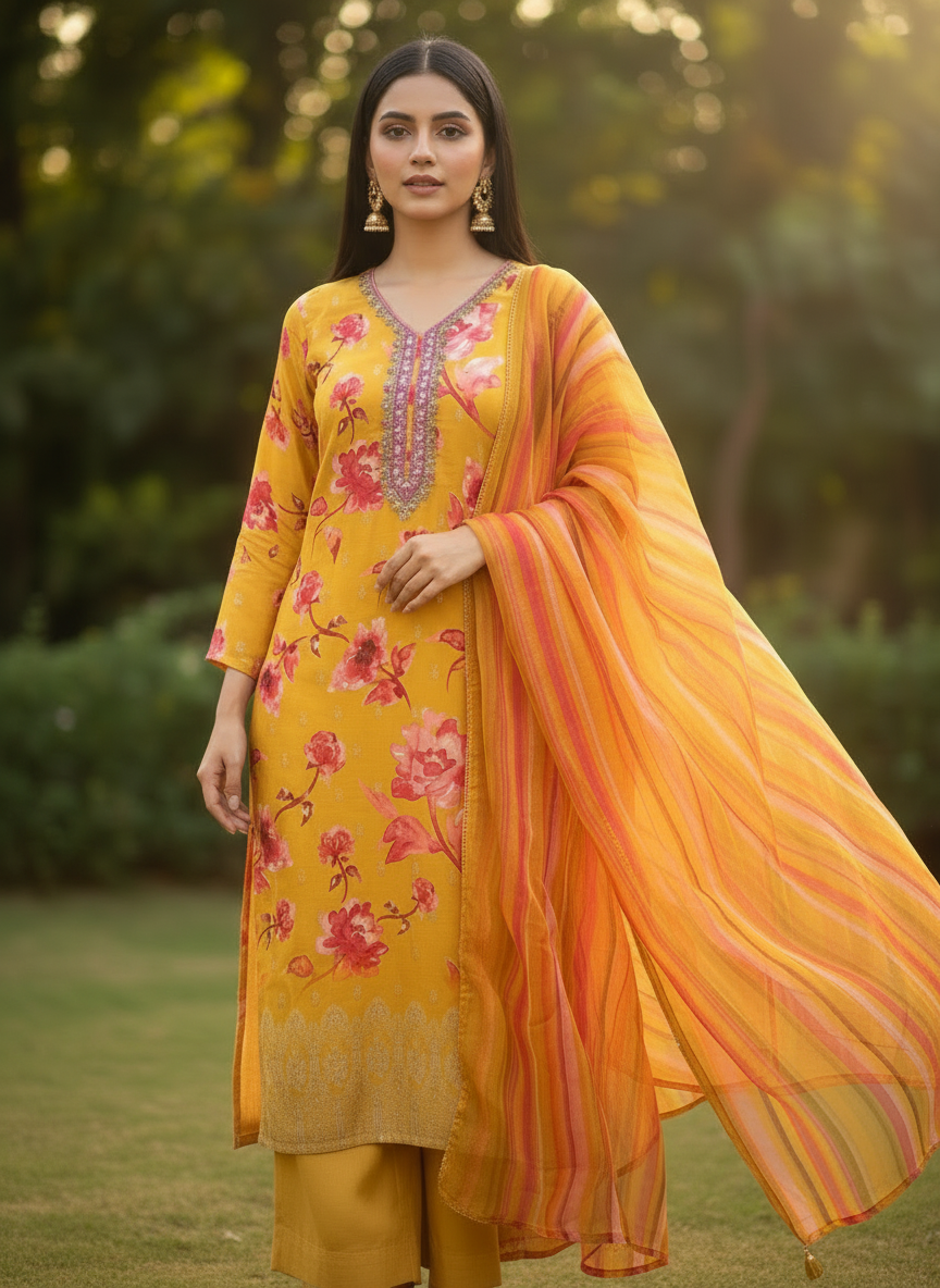 Trendy Radiance – Yellow & Fuchsia Pink Russian Silk Ready to Wear Suit with Handwork
