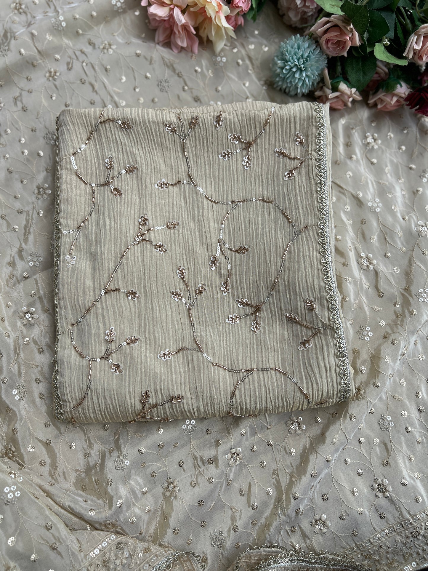 Premium Crushed Shimmer Silk Paired with Stunning Chikankari Detail