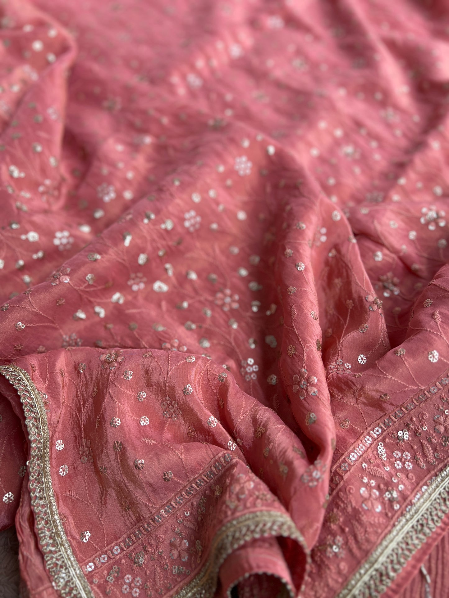 Premium Crushed Shimmer Silk Paired with Stunning Chikankari Detail