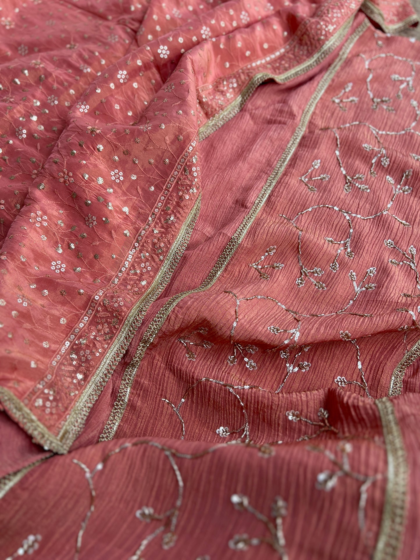 Premium Crushed Shimmer Silk Paired with Stunning Chikankari Detail