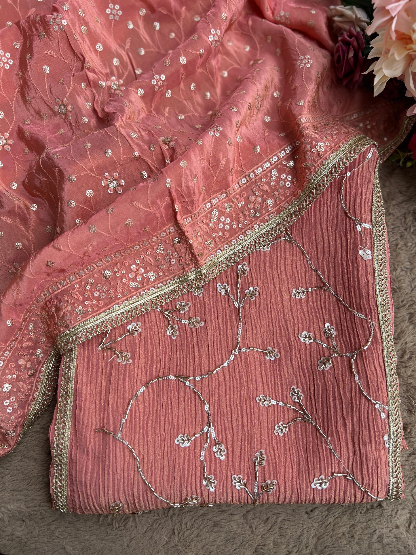 Premium Crushed Shimmer Silk Paired with Stunning Chikankari Detail