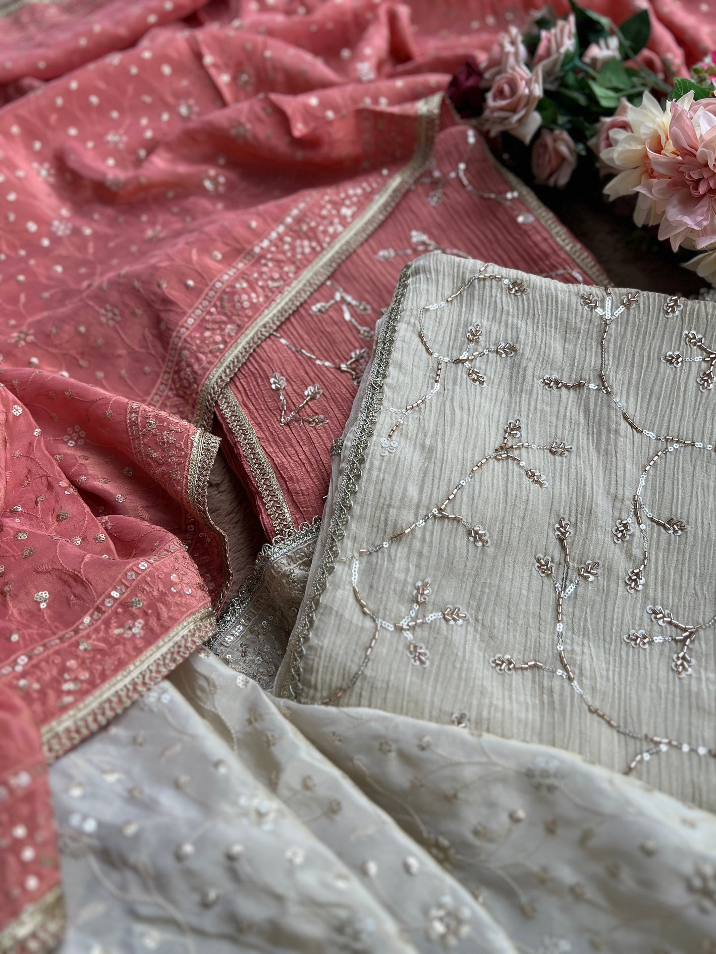 Premium Crushed Shimmer Silk Paired with Stunning Chikankari Detail