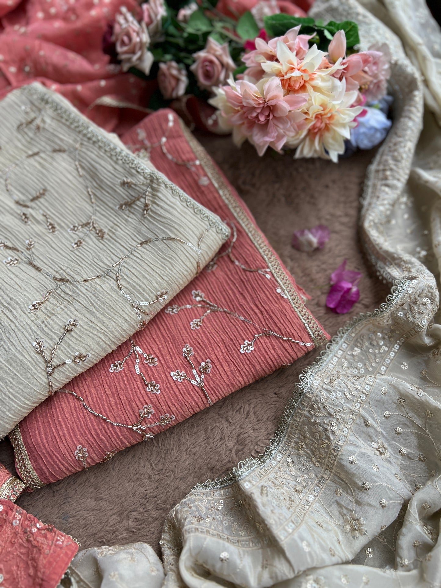 Premium Crushed Shimmer Silk Paired with Stunning Chikankari Detail