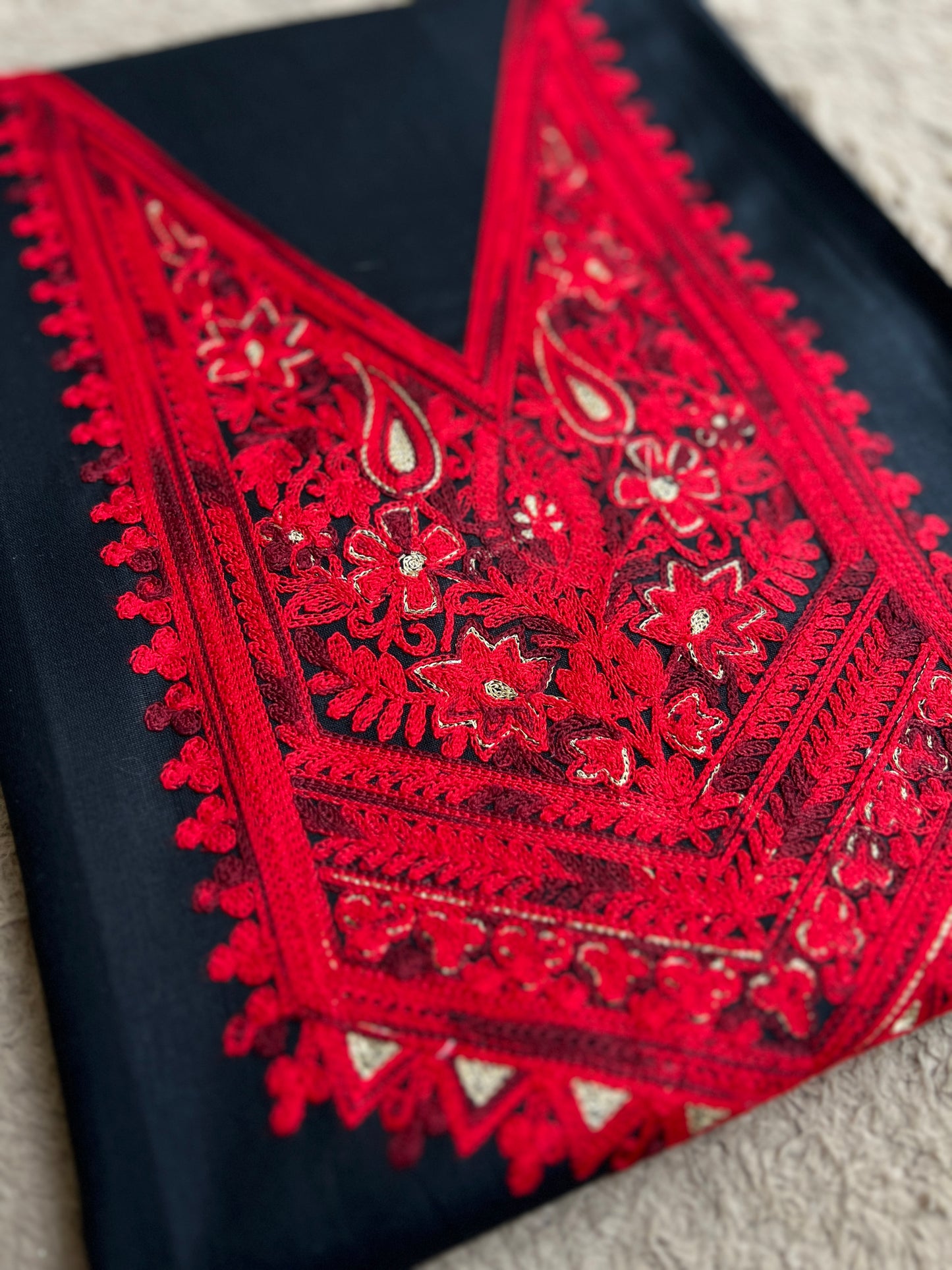 Classic Black Modal Cotton Kashmiri Suit Set with Red Chiffon Heavy Embroidered Dupatta