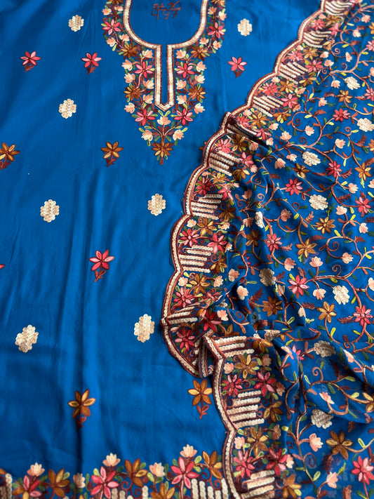 Cobalt Blue Modal Cotton Kashmiri Suit Set with Chiffon Embroidered Dupatta