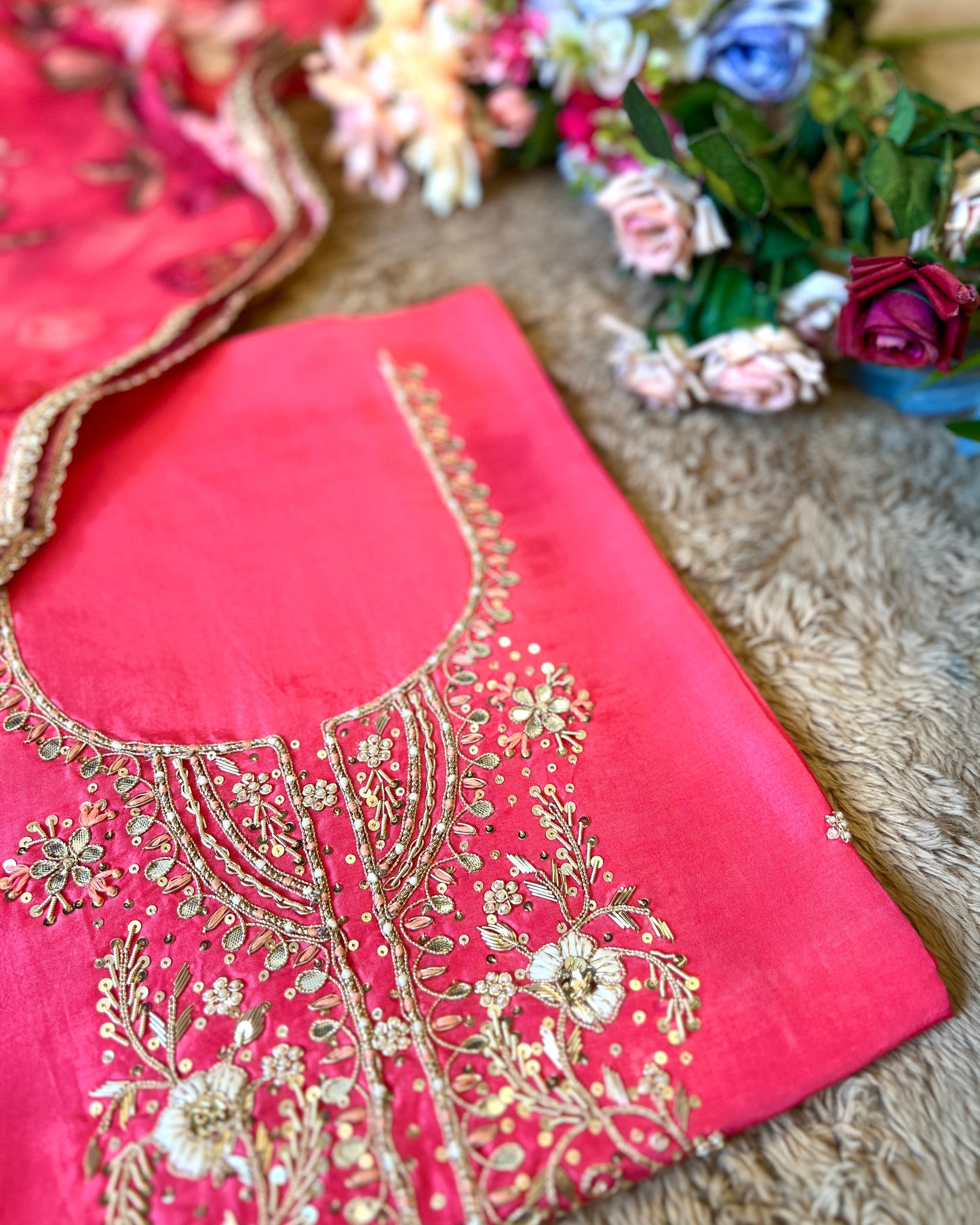 Radiant Pink Silk Elegance with Handcrafted Embroidery