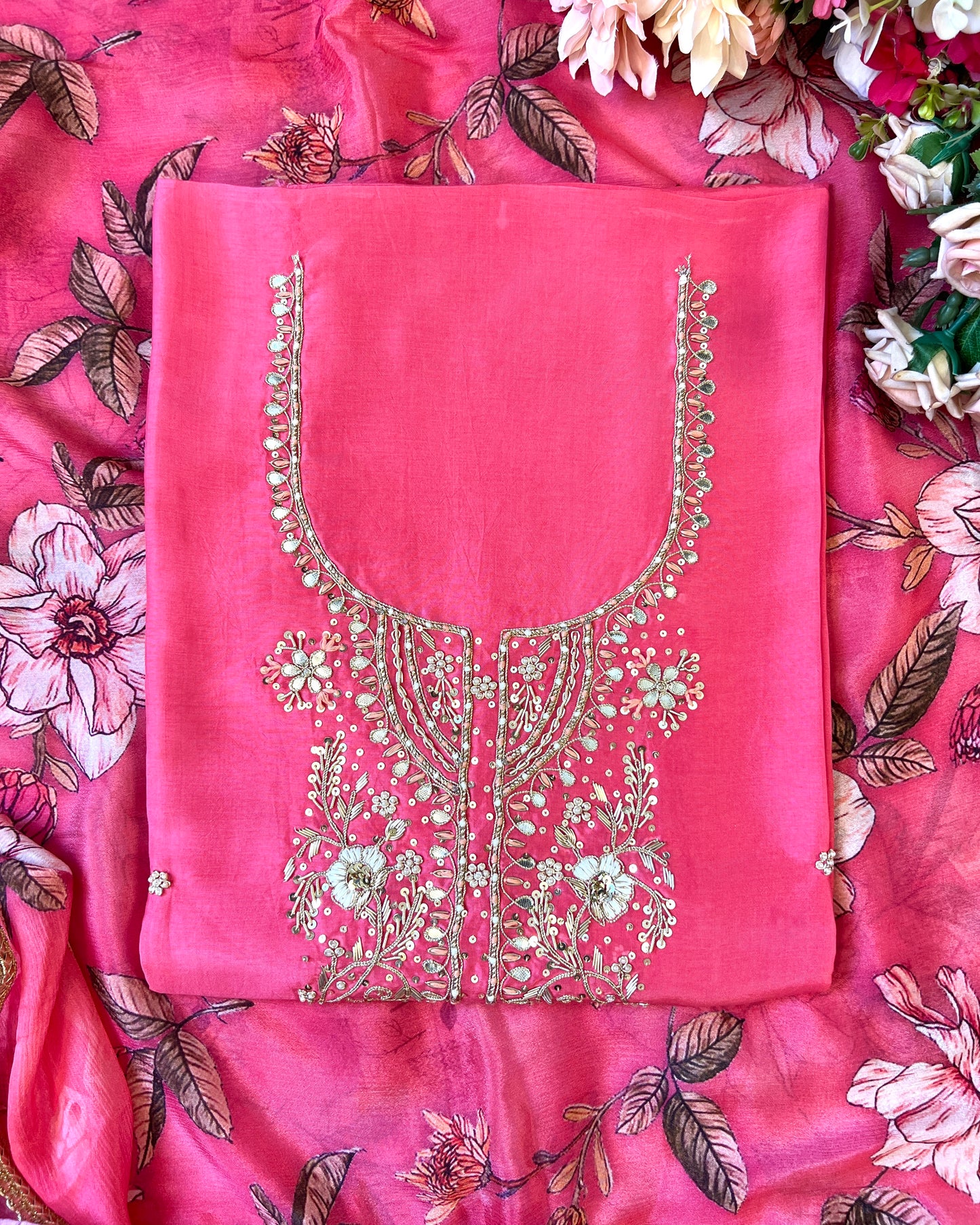 Radiant Pink Silk Elegance with Handcrafted Embroidery