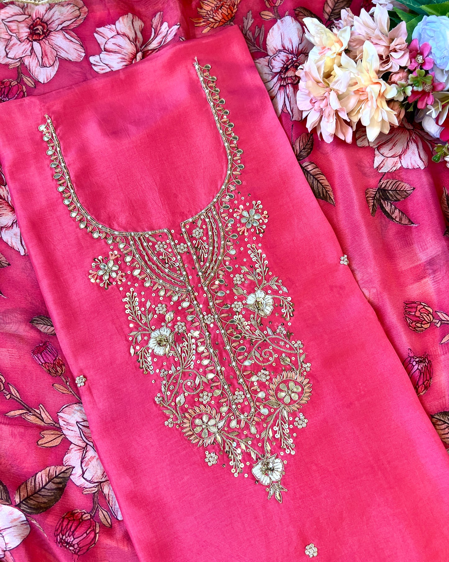 Radiant Pink Silk Elegance with Handcrafted Embroidery