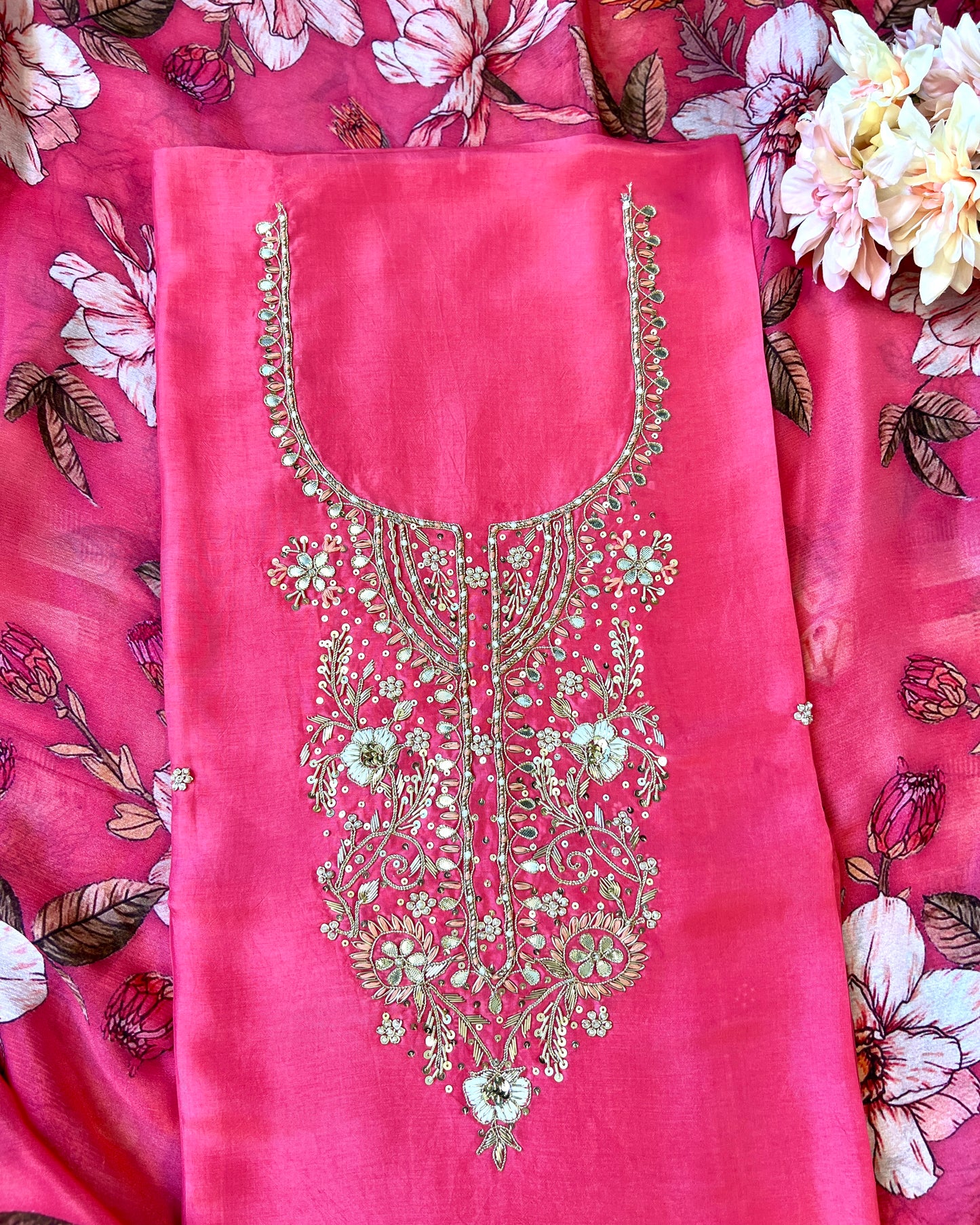 Radiant Pink Silk Elegance with Handcrafted Embroidery