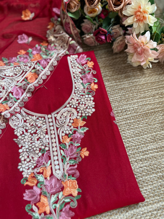 Ruby Kashmiri Modal Cotton Suit Set with Chiffon Embroidered Dupatta