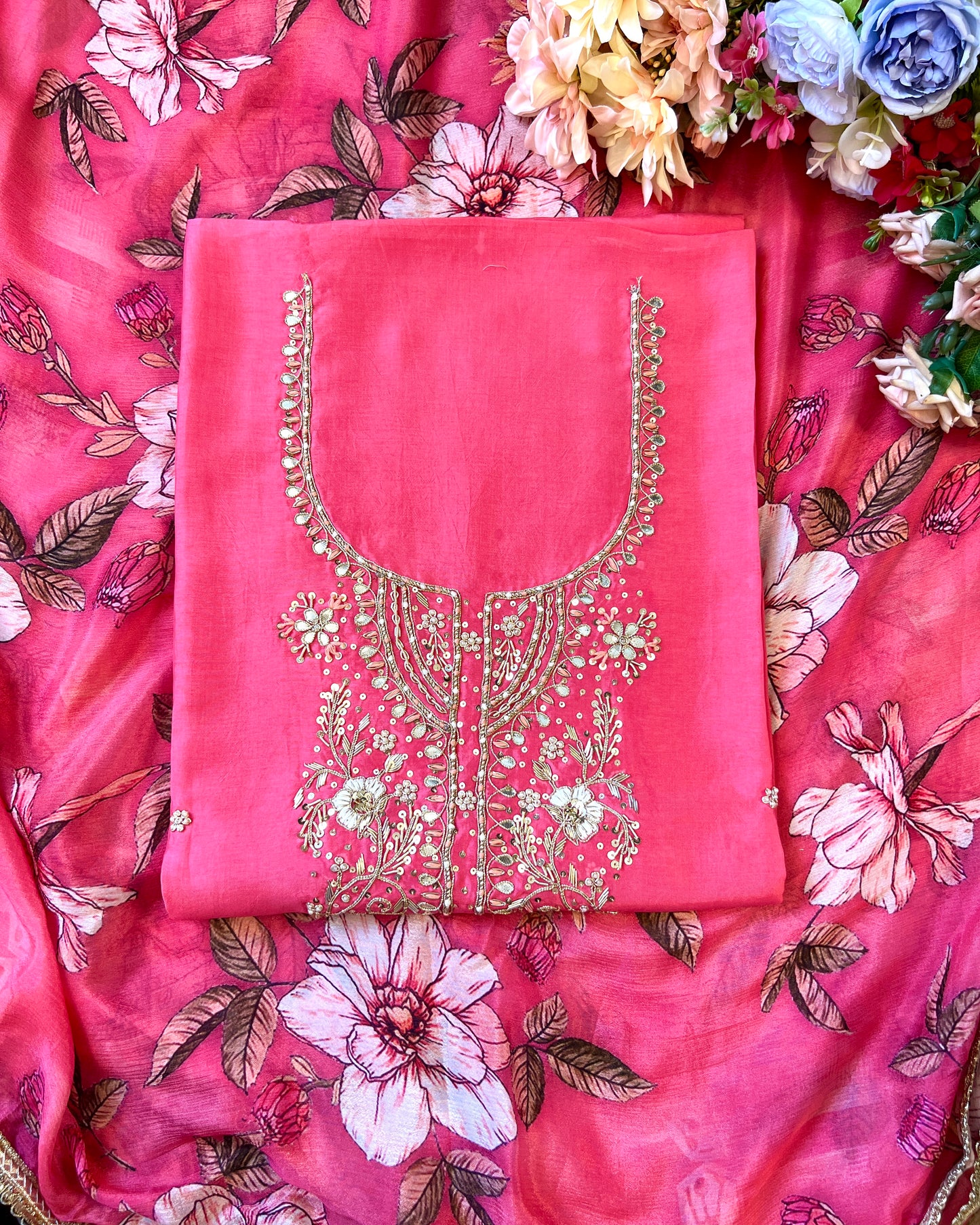 Radiant Pink Silk Elegance with Handcrafted Embroidery