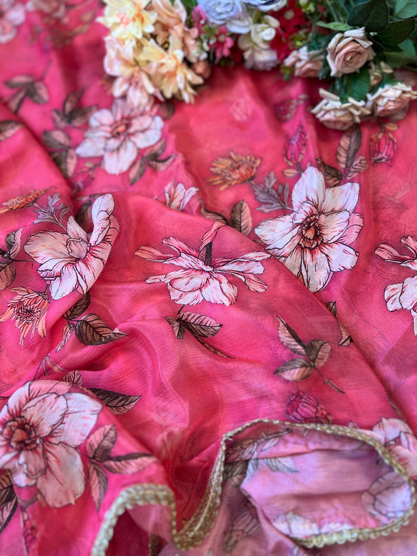 Radiant Pink Silk Elegance with Handcrafted Embroidery