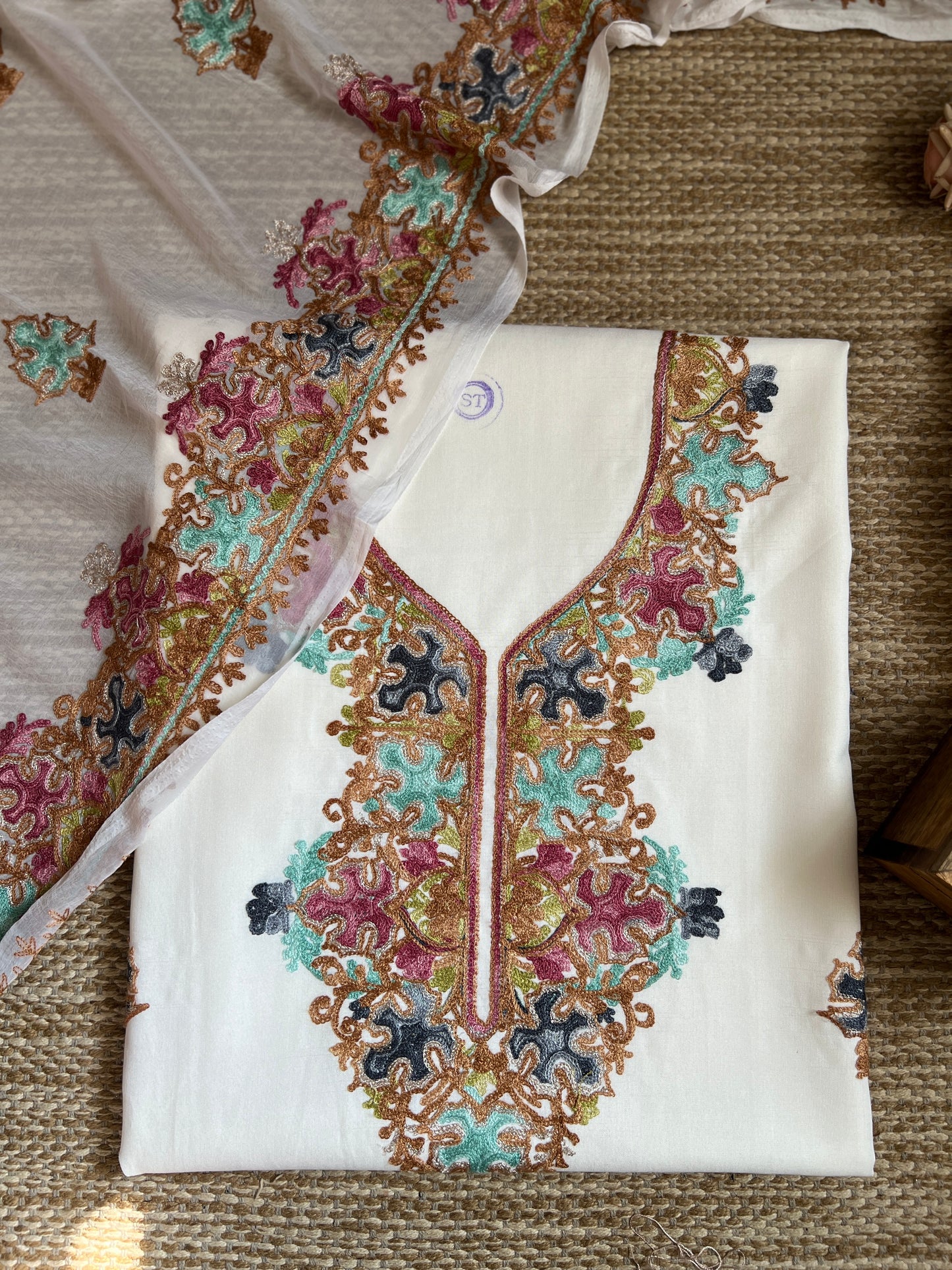 Ivory White Modal Cotton Kashmiri Suit Set with Chiffon Multicolor Embroidered Dupatta
