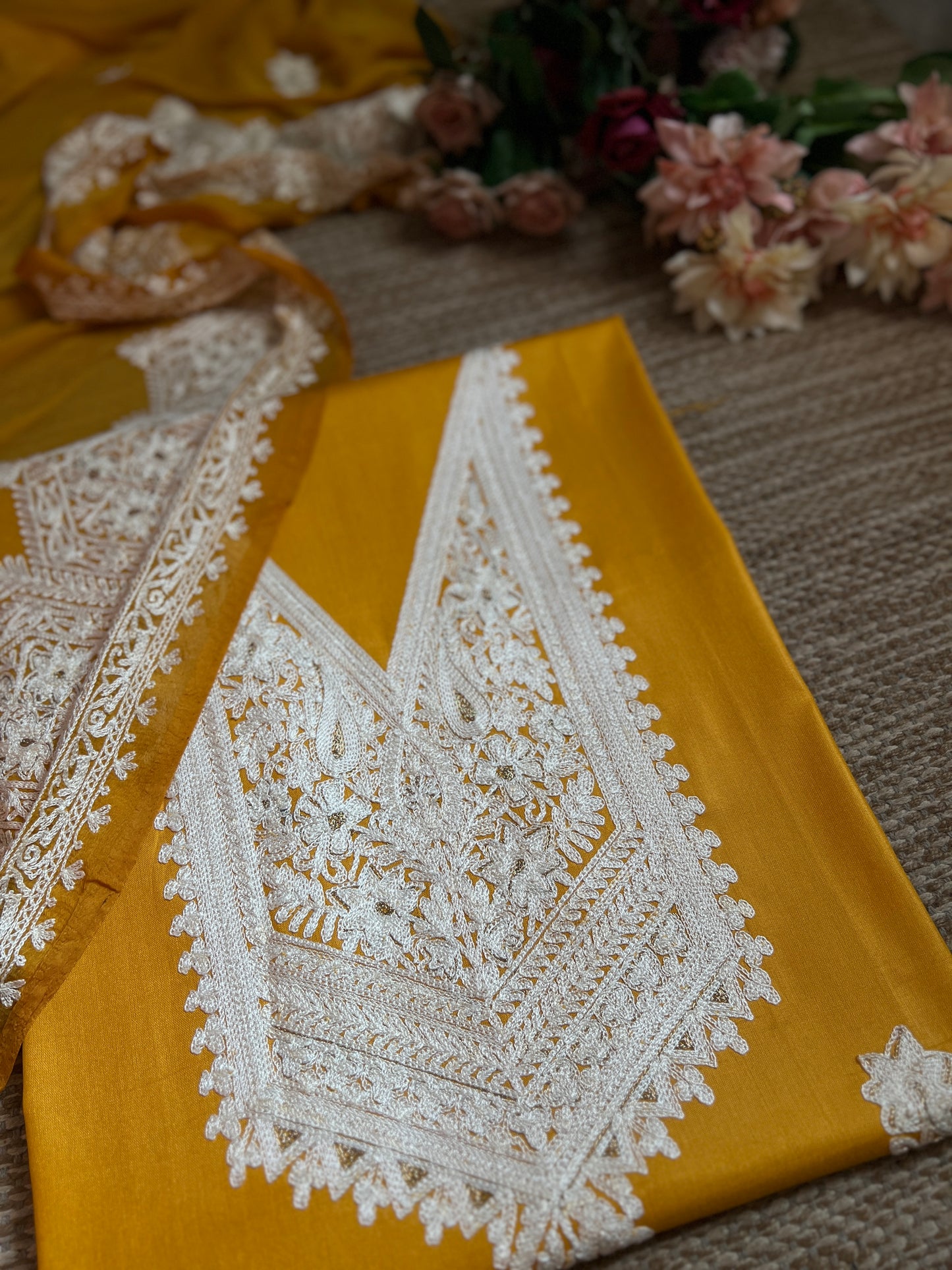 Mustard Yellow Modal Cotton Kashmiri Suit Set with White Chiffon Embroidered Dupatta