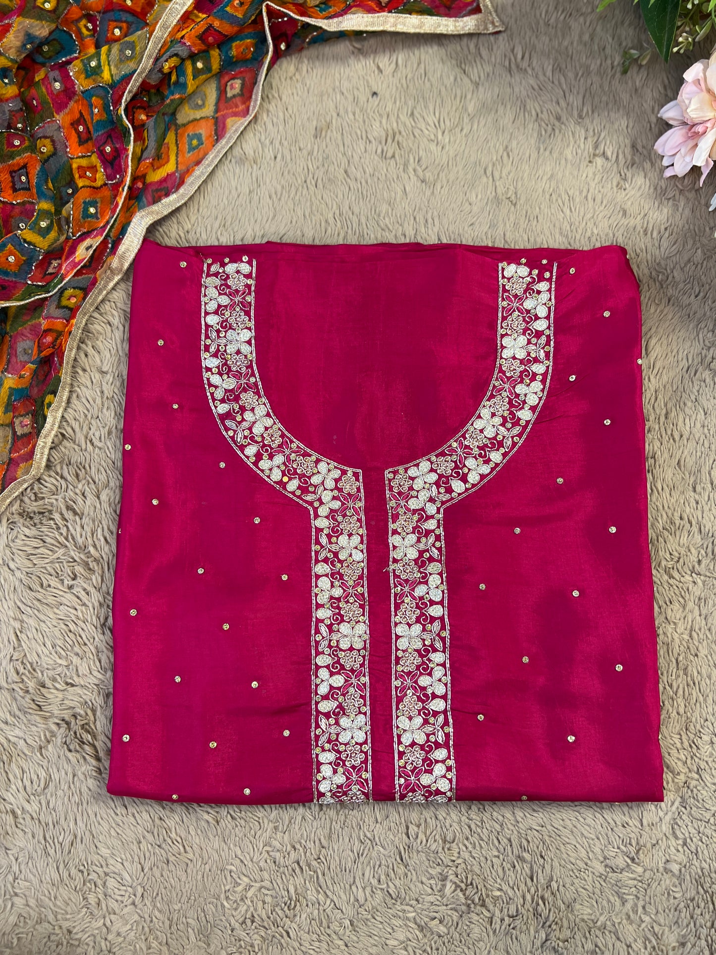Fuchsia Silk Ensemble with Intricate Hand Embroidery & Chiffon Nanki Dupatta