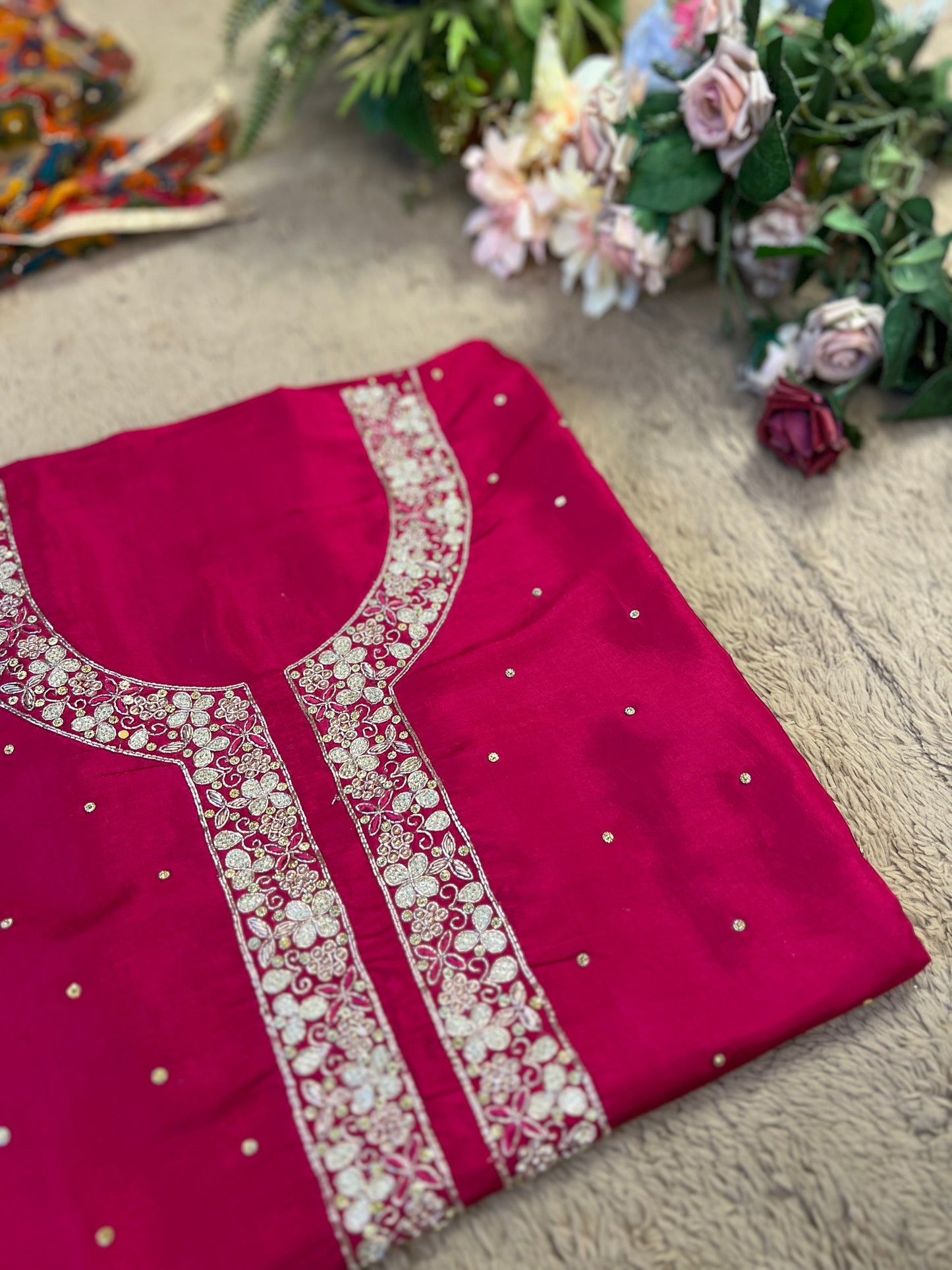 Fuchsia Silk Ensemble with Intricate Hand Embroidery & Chiffon Nanki Dupatta