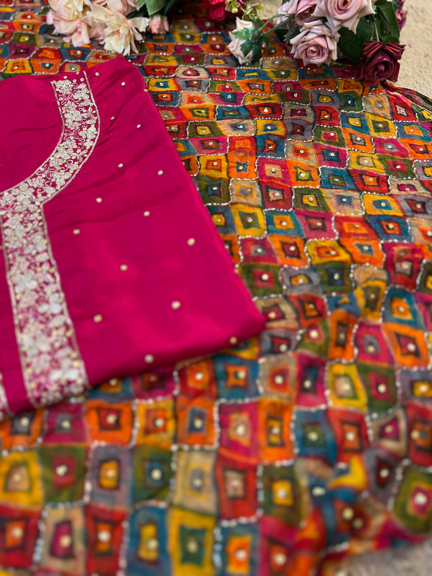 Fuchsia Silk Ensemble with Intricate Hand Embroidery & Chiffon Nanki Dupatta