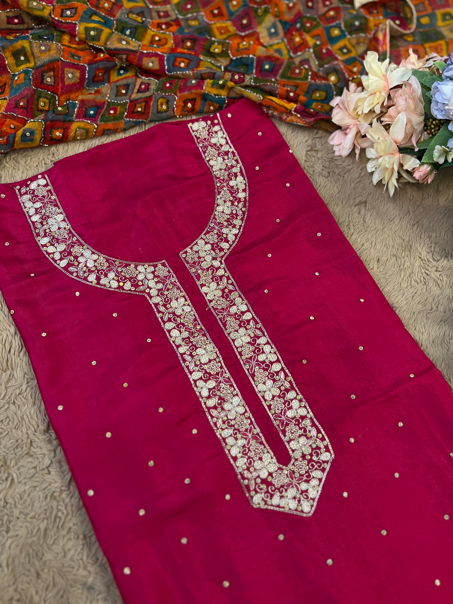 Fuchsia Silk Ensemble with Intricate Hand Embroidery & Chiffon Nanki Dupatta