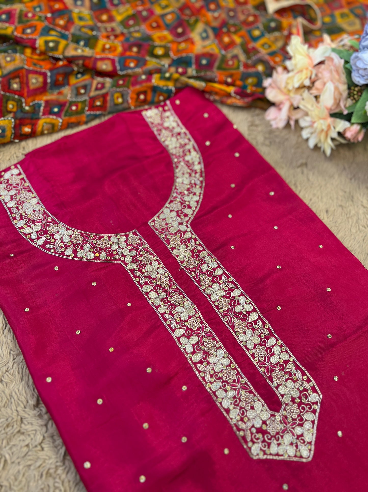 Fuchsia Silk Ensemble with Intricate Hand Embroidery & Chiffon Nanki Dupatta