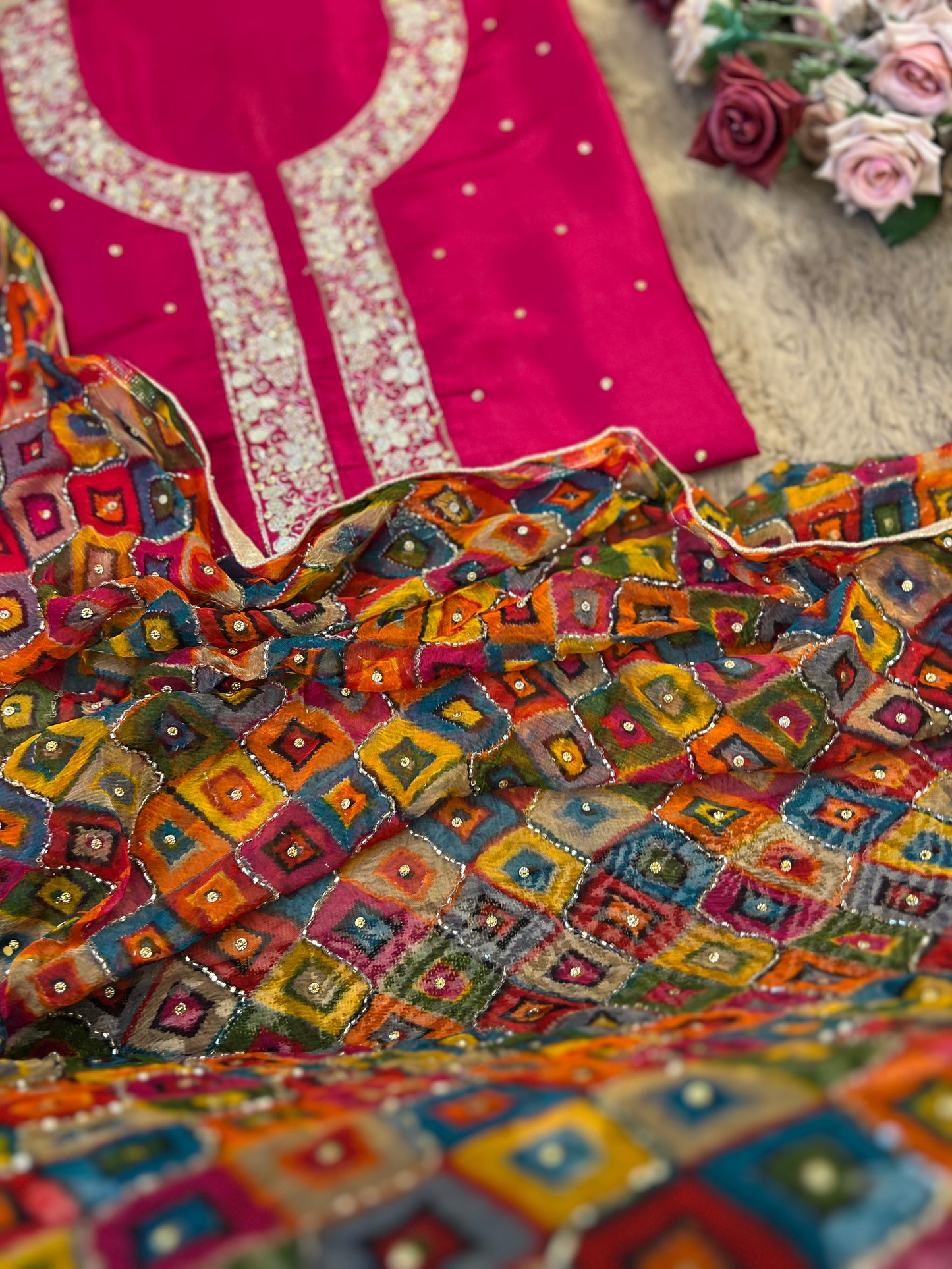 Fuchsia Silk Ensemble with Intricate Hand Embroidery & Chiffon Nanki Dupatta