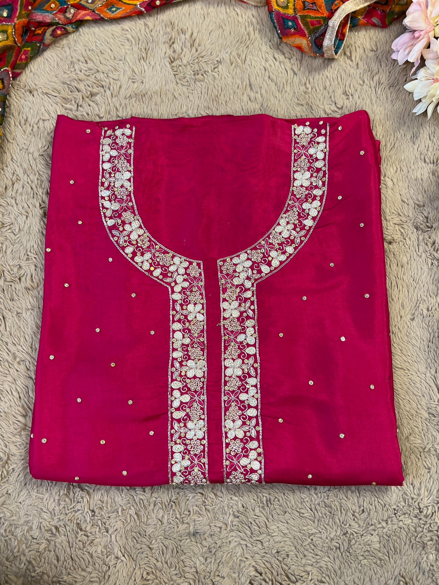 Fuchsia Silk Ensemble with Intricate Hand Embroidery & Chiffon Nanki Dupatta