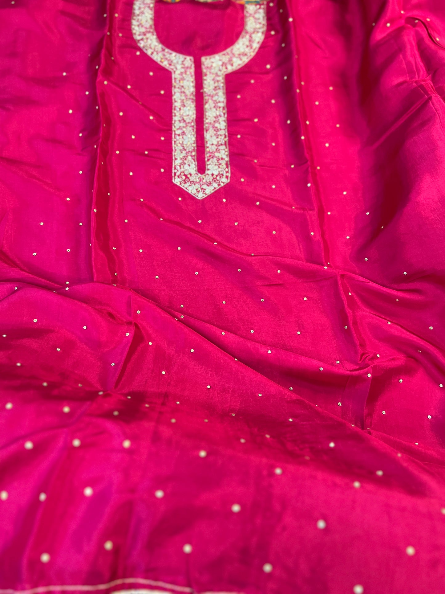 Fuchsia Silk Ensemble with Intricate Hand Embroidery & Chiffon Nanki Dupatta