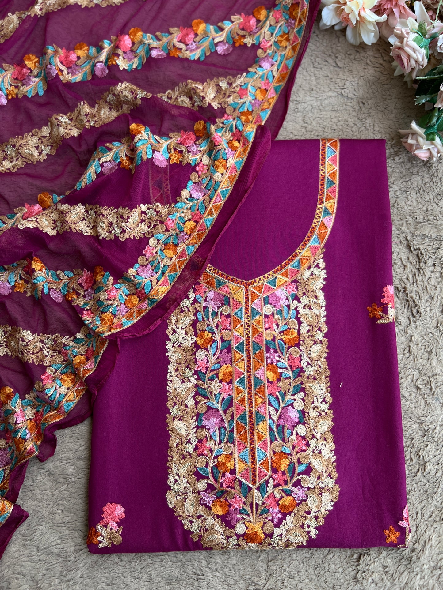 Royal Plum Kashmiri Embroidered Suit Set with Chiffon Dupatta
