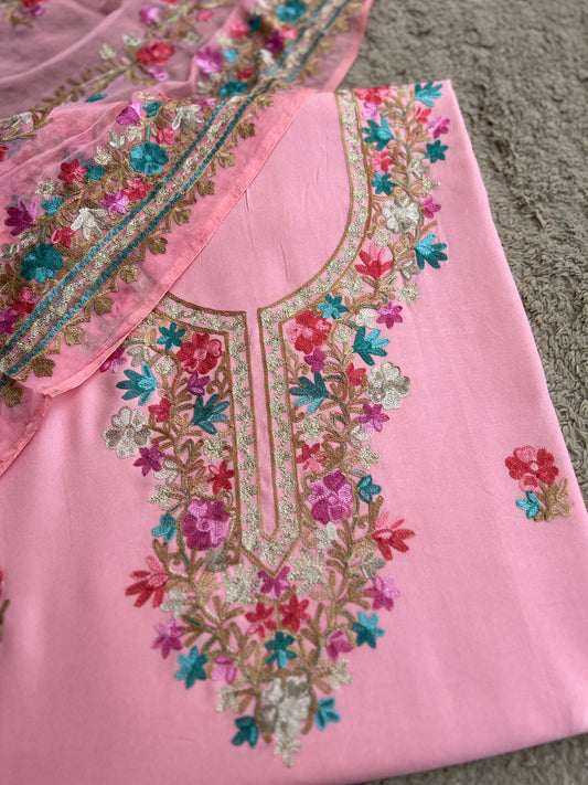 Blush Pink Kashmiri Embroidered Suit Set with Chiffon Dupatta