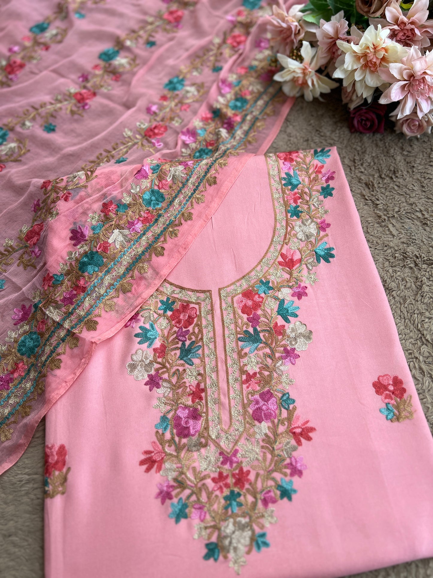 Blush Pink Kashmiri Embroidered Suit Set with Chiffon Dupatta