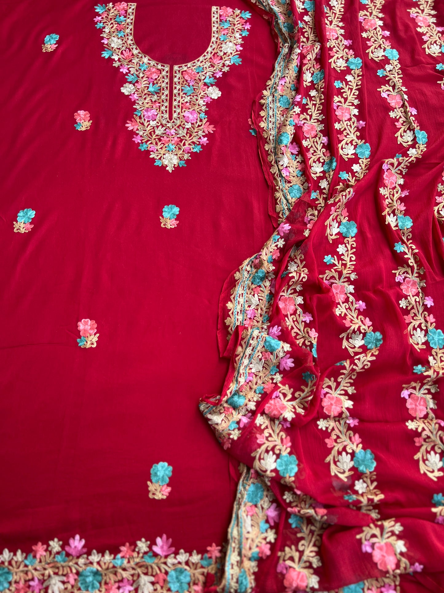 Crimson Red Kashmiri Embroidered Suit Set with Full Jaal Embroidered Dupatta
